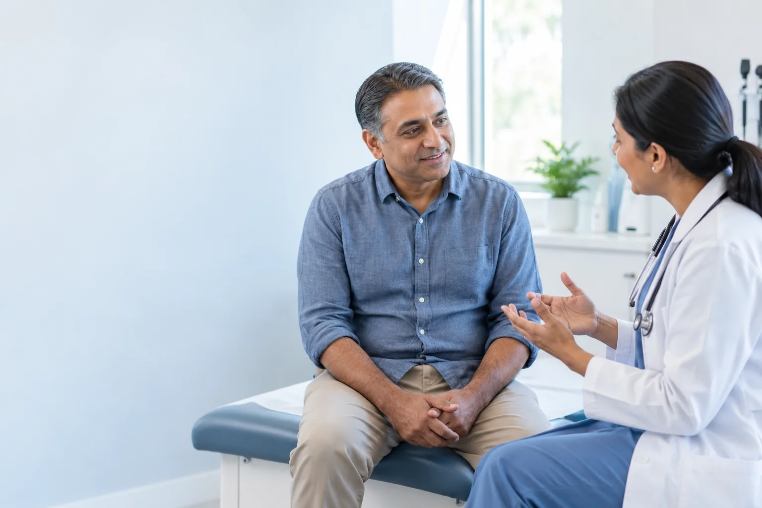 Illustrative scene of a middle-aged man discussing care with a clinician