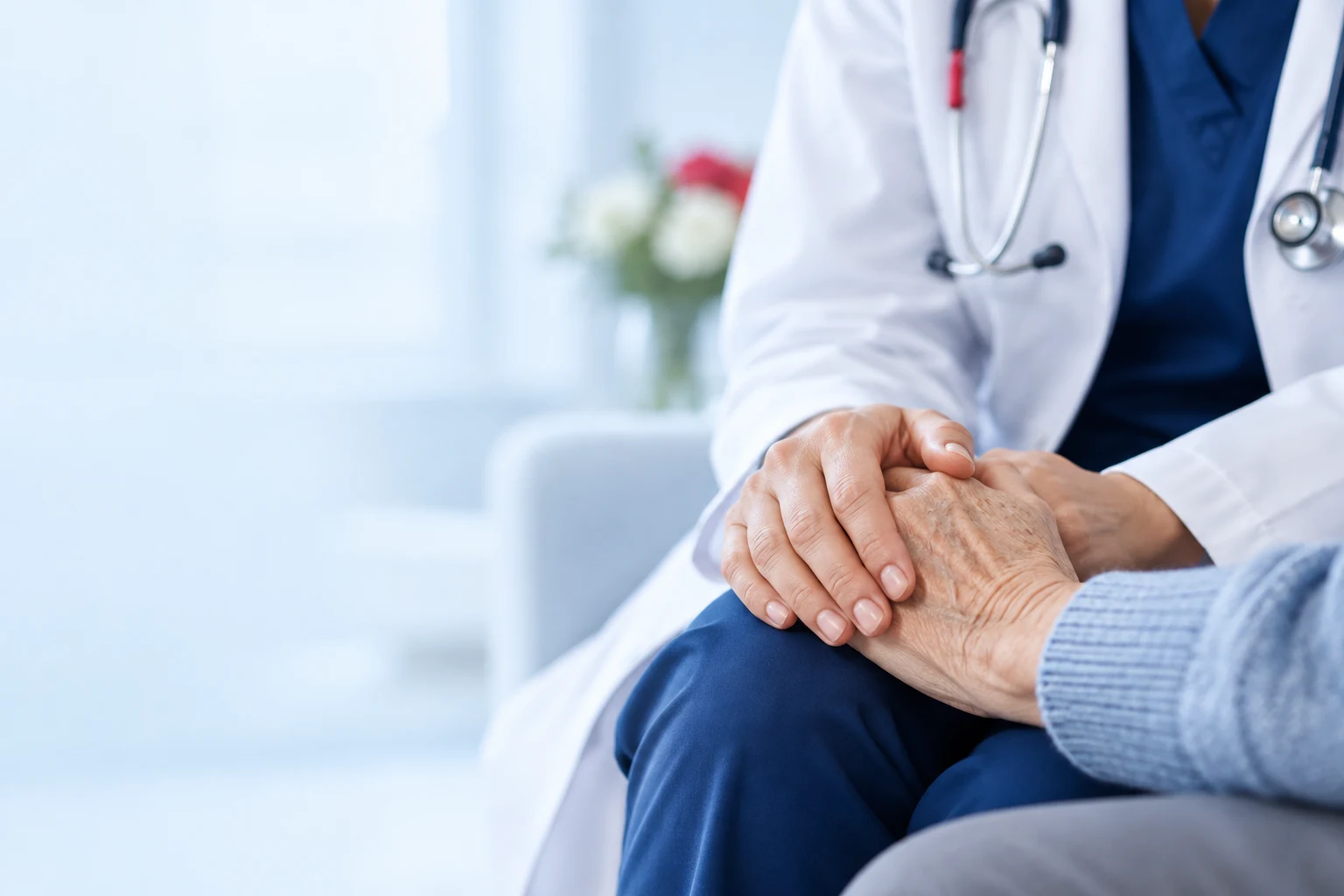 Illustrative scene of reassuring hands during a consultation