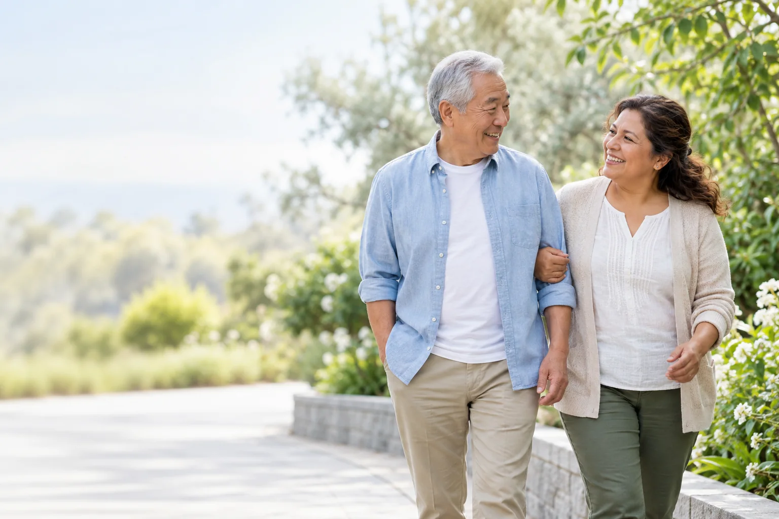 Illustrative scene of two adults walking together on a garden path