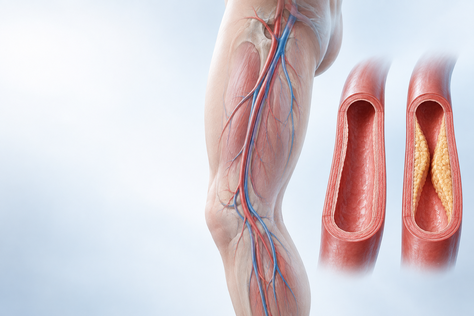 Medical illustration of circulation in the leg and an open versus narrowed artery