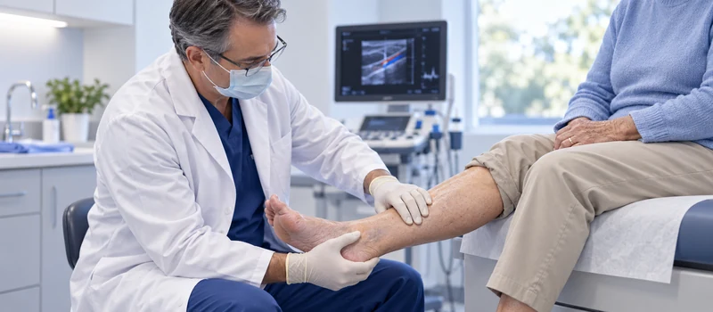 Vascular evaluation of a foot affected by poor circulation from Peripheral Artery Disease