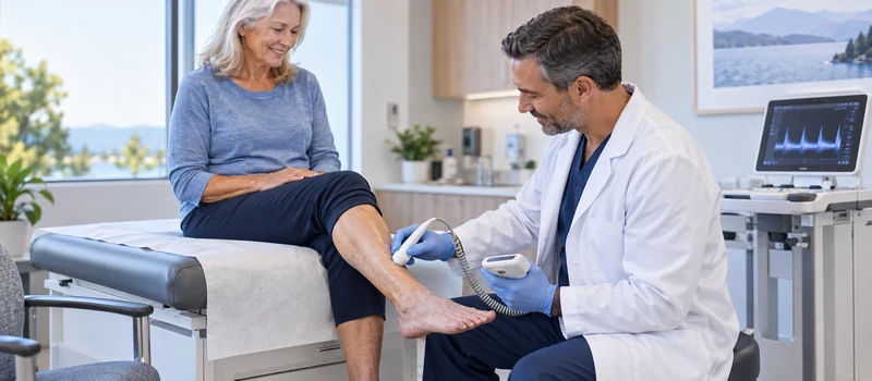Vascular specialist evaluating circulation in a patient's leg