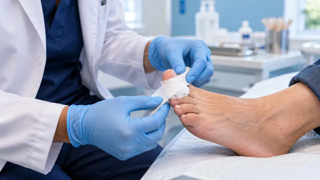 Healthcare professional gently applying a protective dressing to a patient's toe